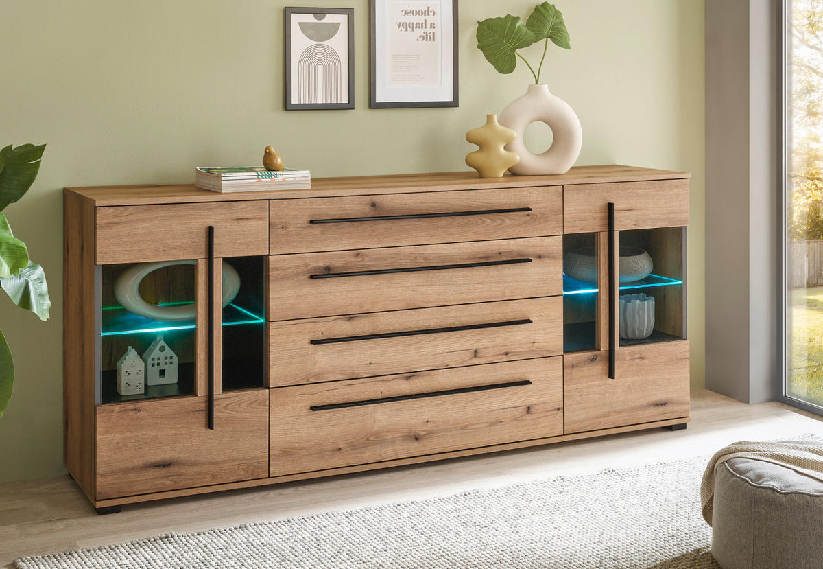 SIDEBOARD Eiche Evoke, Kommode 200 cm mit Soft-Close - Eichefarben/Schwarz, Glas/Holzwerkstoff (200/86/42cm) - Furn.Design