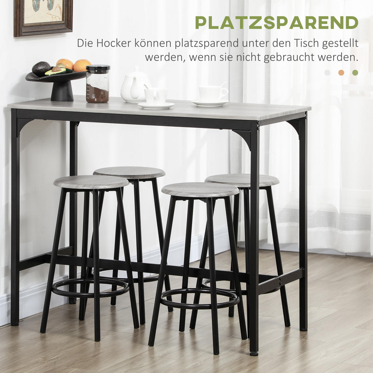 BARTISCH mit Barhocker Set, 5-tlg. Bartisch-Set, Küchentisch mit 4 Barhocker - Grau, Holzwerkstoff (50/89.5/110cm) - HOMCOM