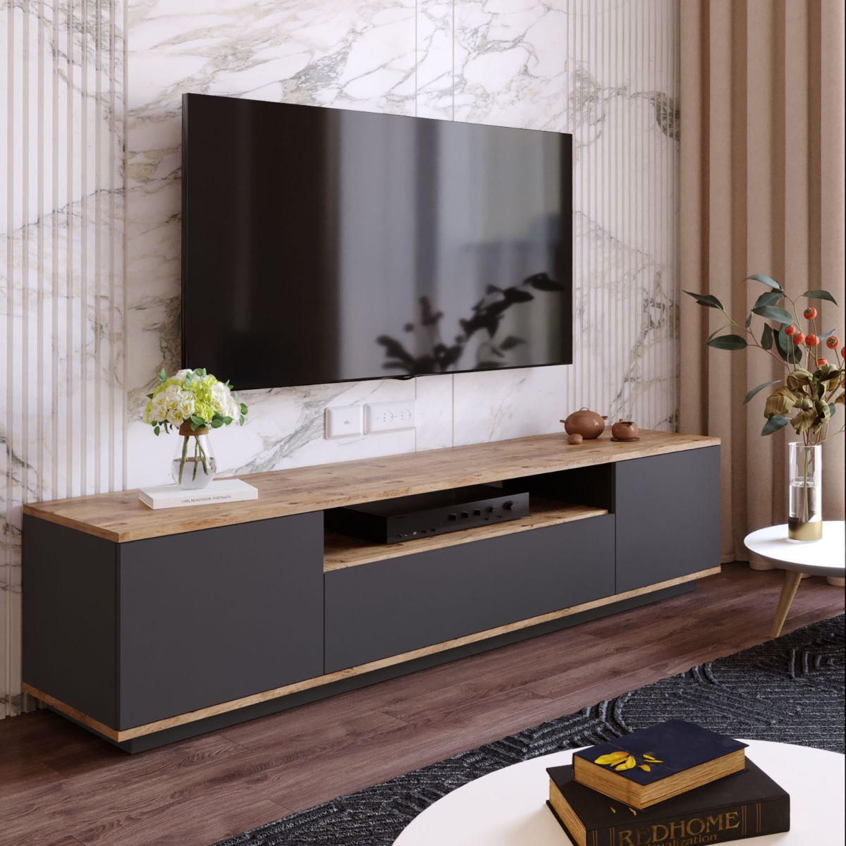 TV-MÖBEL mit 3 Türen & 1 Ablagefach - Anthrazit & Holzfarben - LOTULA - Anthrazit, Holz (44.5/44.6/180cm) - Vente-Unique