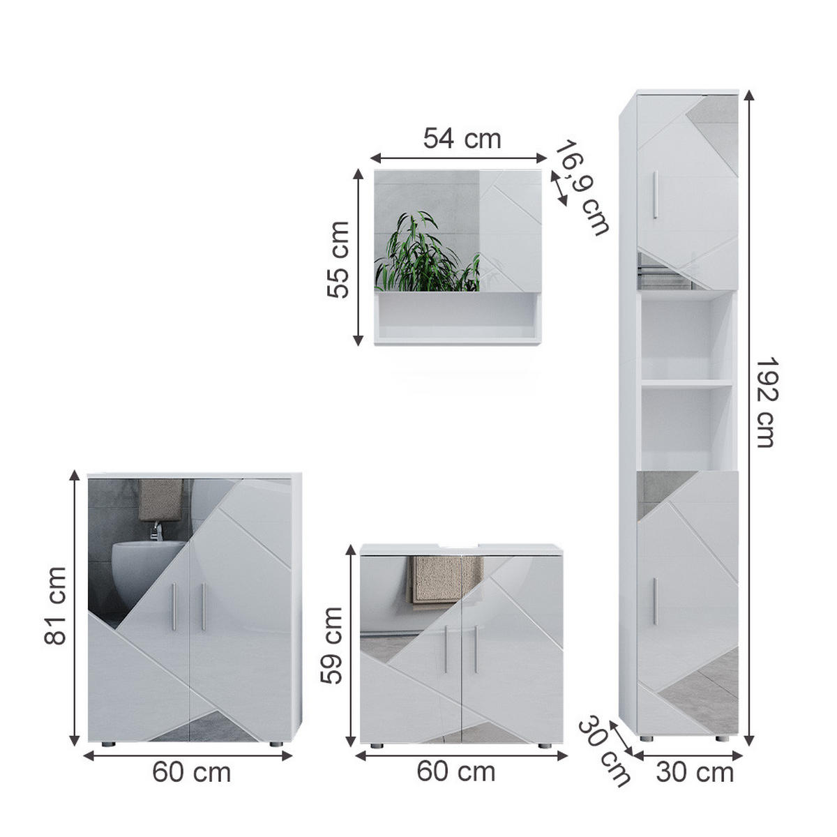 BADMÖBEL-SET Irma Weiß 4 Teile, mit Hochschrank und Kommode - Weiß Hochglanz/Weiß, Holzwerkstoff (80/58.6/41cm) - Vicco