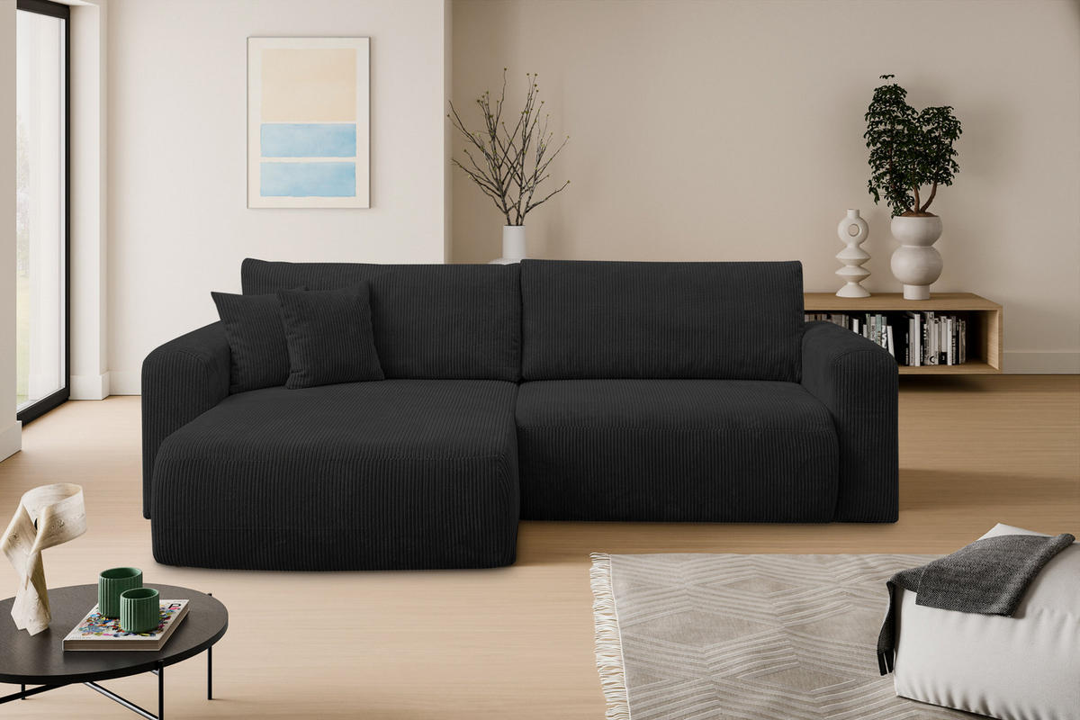 ECKSOFA Roma, Eckcouch in L-Form mit Schlaffunktion und Bettkasten, Farbe: Schwarz, Cordstoff, Ottomane Universal - Schwarz, Textil (244/142cm) - VENASI MÖBEL