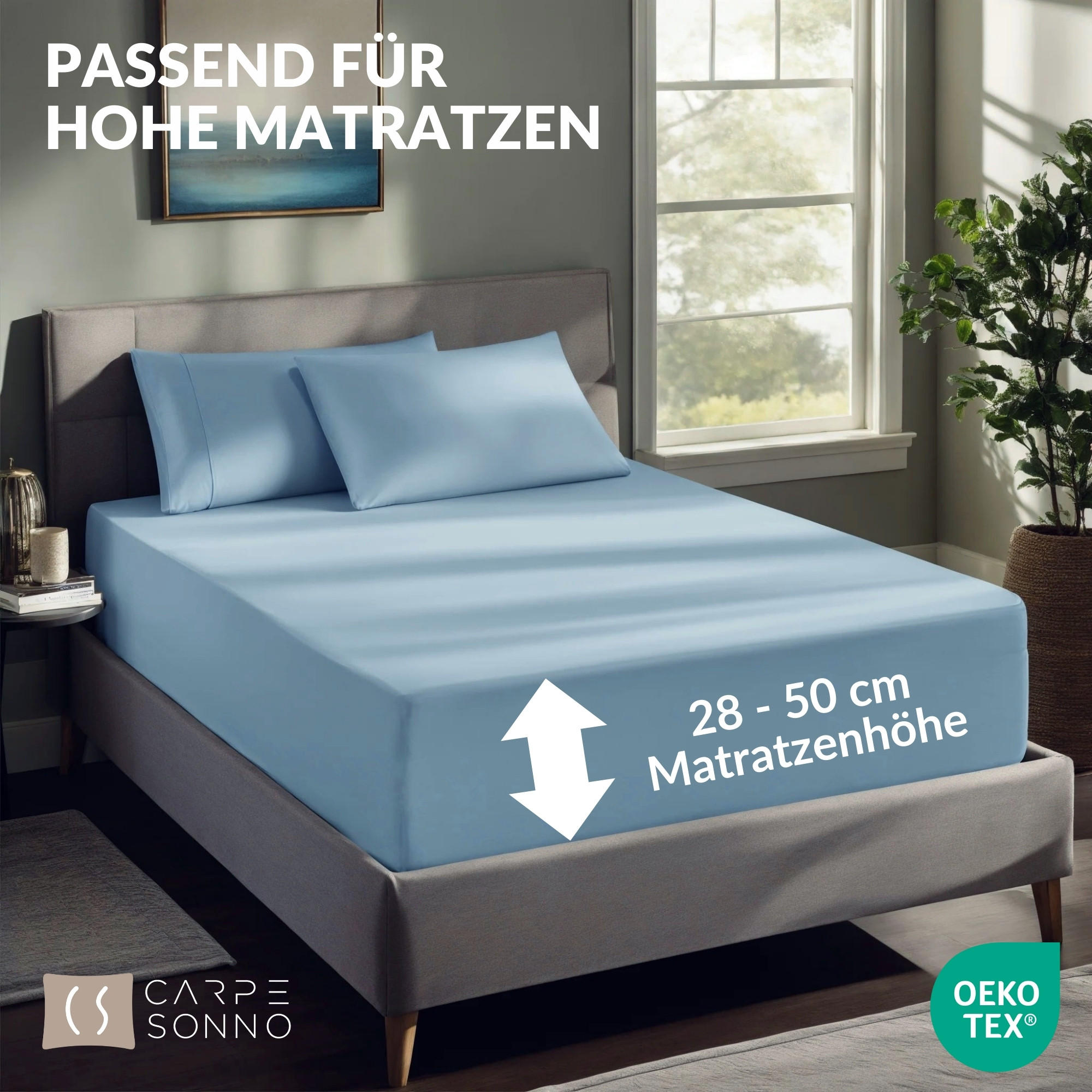 Thumbnail - Carpe Sonno Spannbettlaken-Boxspringbett, Hellblau, Textil, Uni, Füllung: Baumwollfüllung, Rechteckig, 100x200 cm, Oeko-...