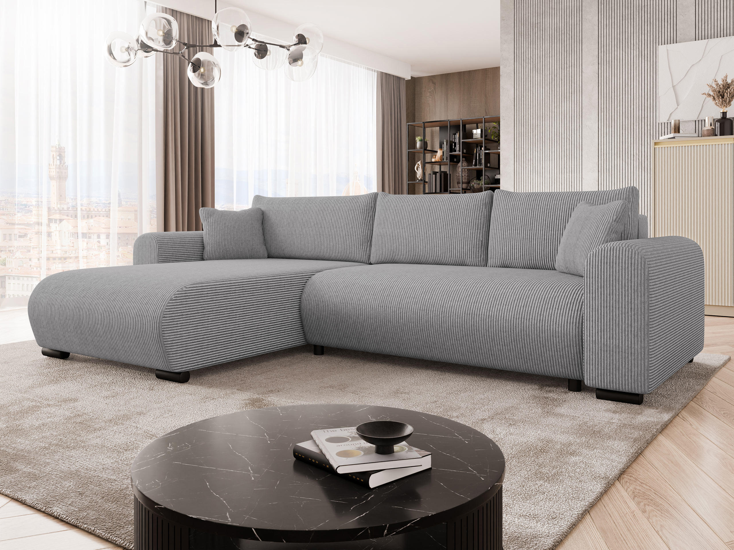 ECKSOFA Merkos Cord - Hellgrau/Schwarz, Holz/Textil (285/188cm) - MIRJAN24