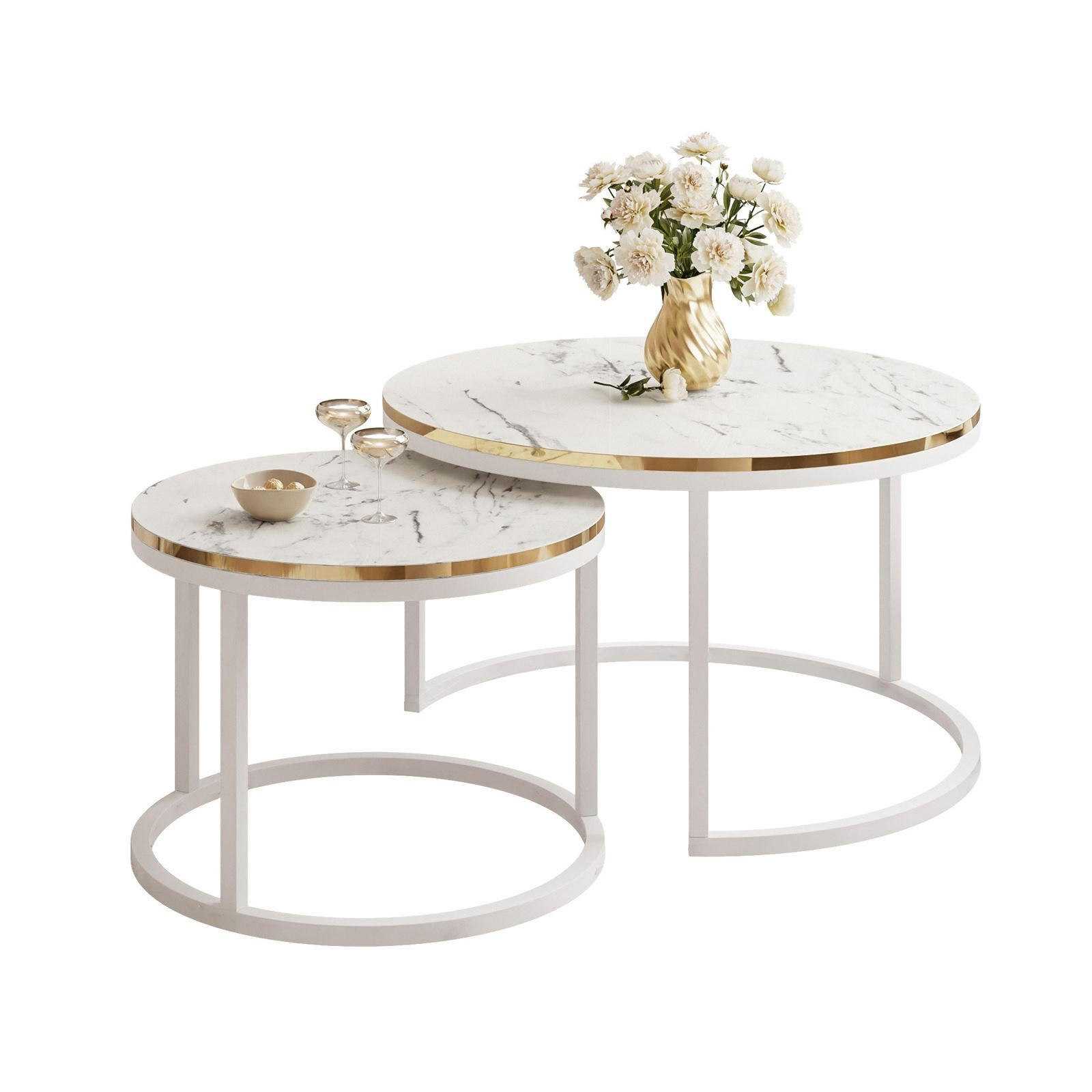 COUCHTISCH Set SOLEIL 2in1, rund, Weiß Marmor-Optik und Weiß Gestell - Weiß, Holzwerkstoff (70/70/48cm) - Lookway