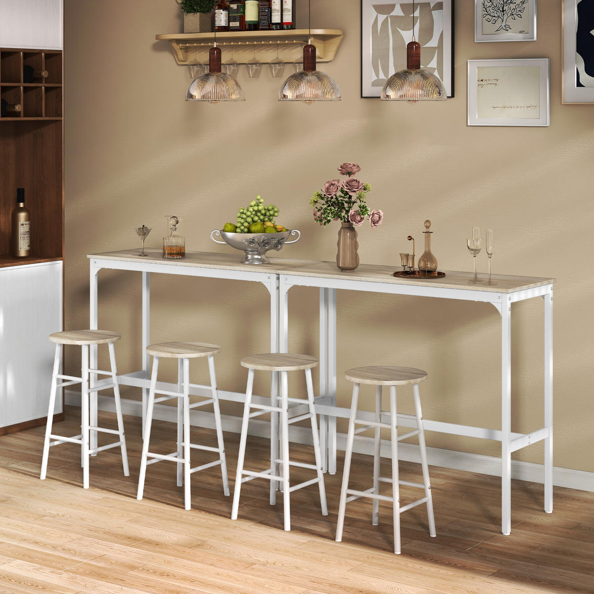 BARTISCH-SET DE-14727 2 Hocker mit Fußstütze Holzoptik/Weiß - Eichefarben, Holzwerkstoff (105/40/90cm) - ComfortXL