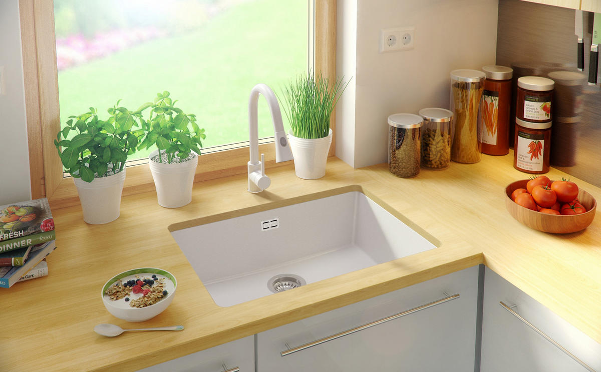 UNTERBAUSPÜLE GRANIT London, 2-er set Weiß 66/47 cm 1 Becken + Küchenarmatur 32/20 cm + Ablauf-Set ab 70er Unterschrank - Chromfarben/Weiß, Kunststoff (66/20/47cm) - Primagran