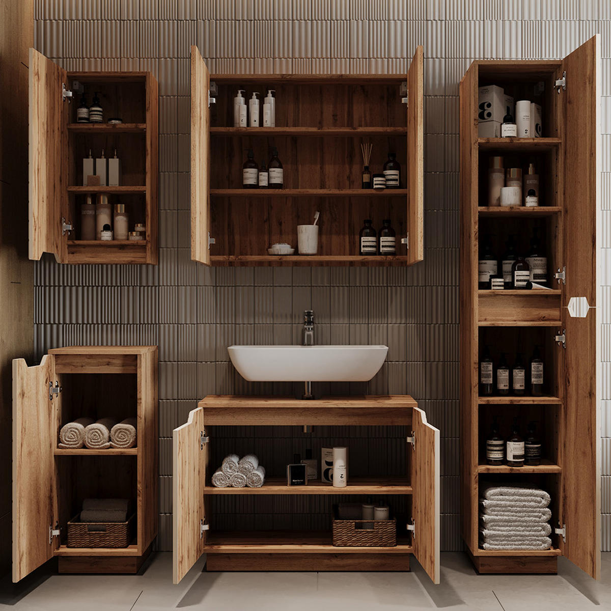 WASCHBECKENUNTERSCHRANK Lotta Eiche/Kaschmir gestreift 79.6 x 62.1 cm mit 2 Türen - Kaschmir/Eichefarben, Holzwerkstoff (79.6/62.1/32cm) - Vicco