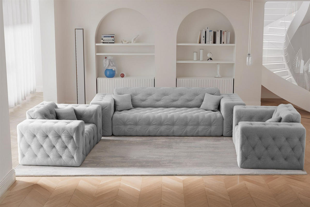 SOFASET Chantal In Moly - Hellgrau, Holzwerkstoff/Textil (251/78/96cm) - Fun Möbel