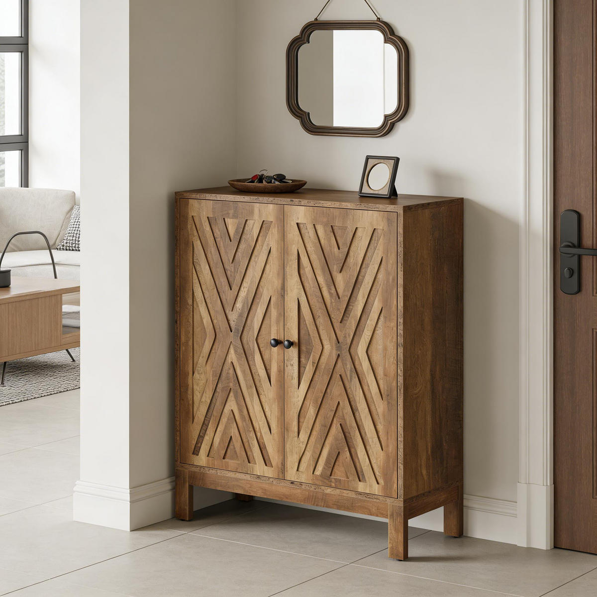 RUSTIKALES, 5-Stöckiges Schuhregal mit Schnitzereien,Braun - Walnussfarben, Textil (90/110/35cm) - Urban Meuble