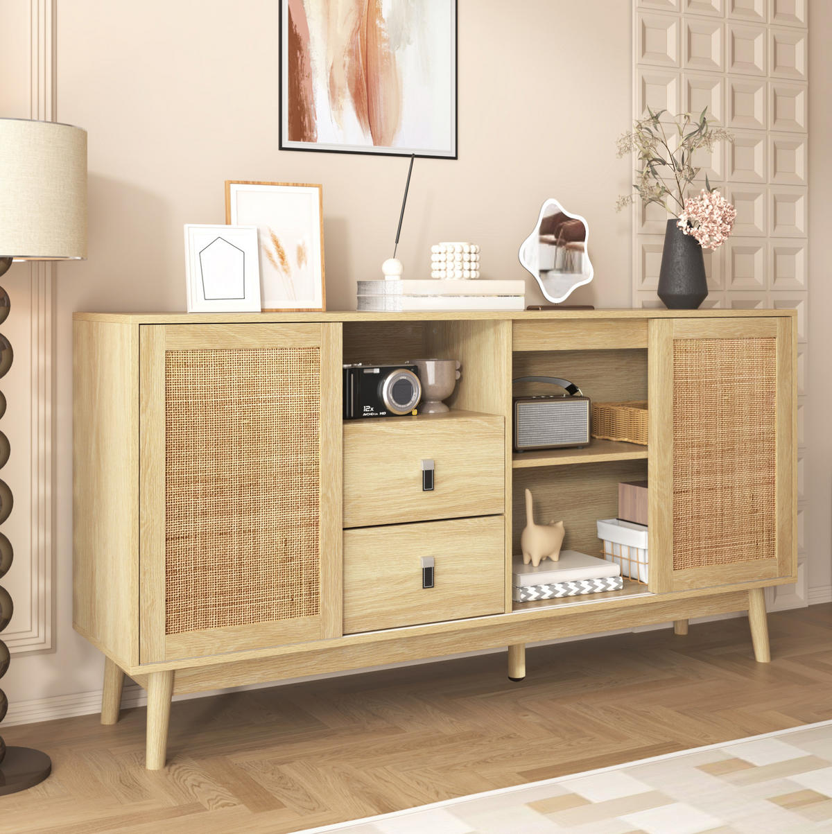 SIDEBOARD 155/38/80 cm Holzfarbe aus MDF mit Rattan-Schiebetüren - Naturfarben, Holzwerkstoff (155/80/38cm) - OKWISH