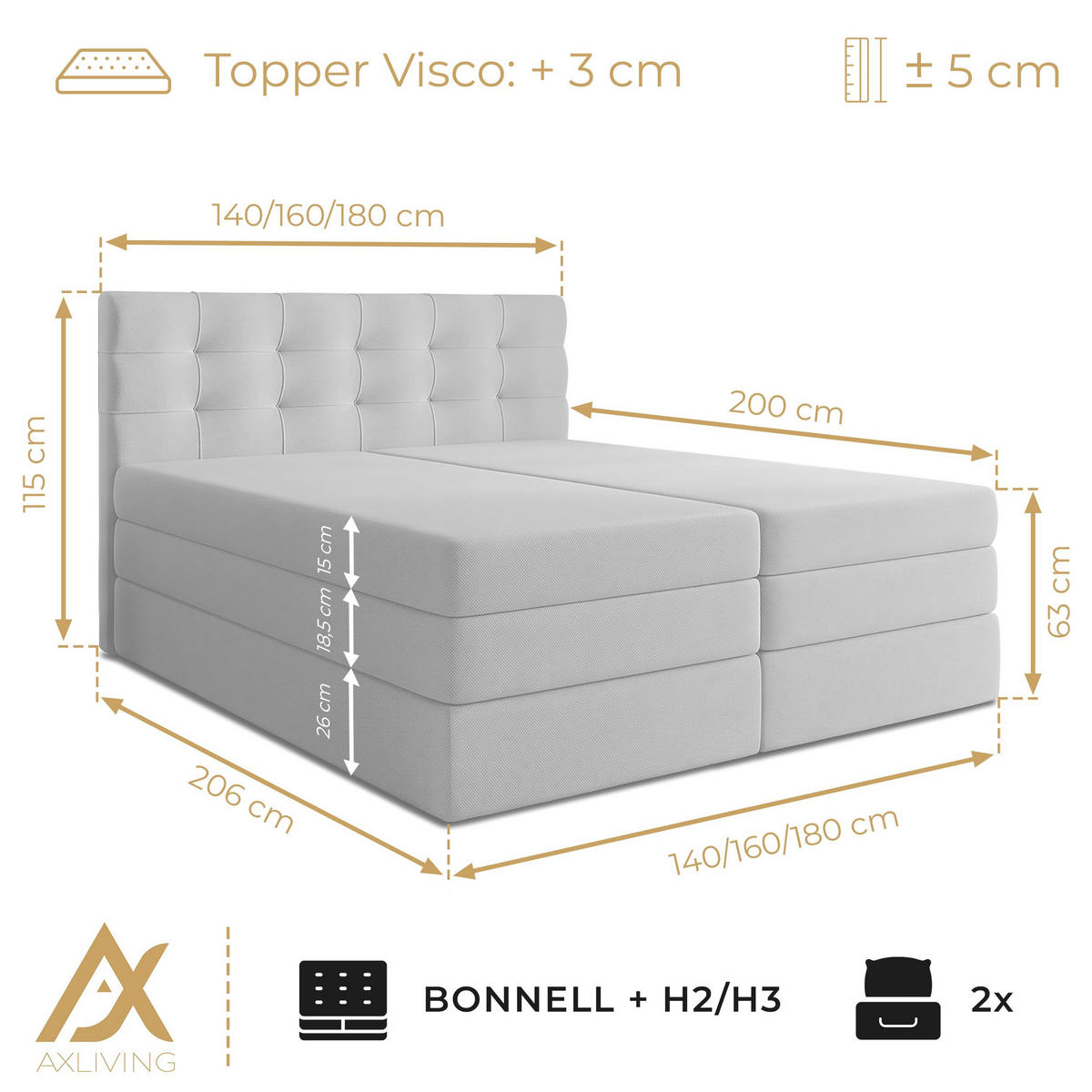 BOXSPRINGBETT FINIKE 160x200 cm mit Bettkasten und 2 Matratzen - Beige + TOPPER - Beige/Schwarz, Holz/Holzwerkstoff (160/200cm) - AX Living