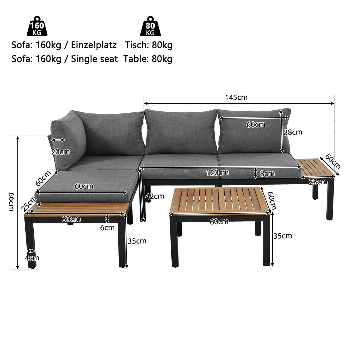 GARTEN-LOUNGE-SET, Stahlrahmen mit Akazie-Optik, 2/ Sofa 120/60/66 cm, Grau - Grau, Metall - Redom