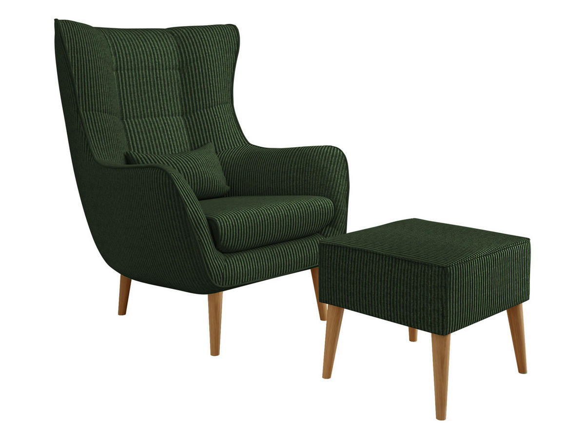 SESSEL Estjano Cord mit Fußbank - Dunkelgrün/Beige, Holz/Textil (80/106/95cm) - MIRJAN24