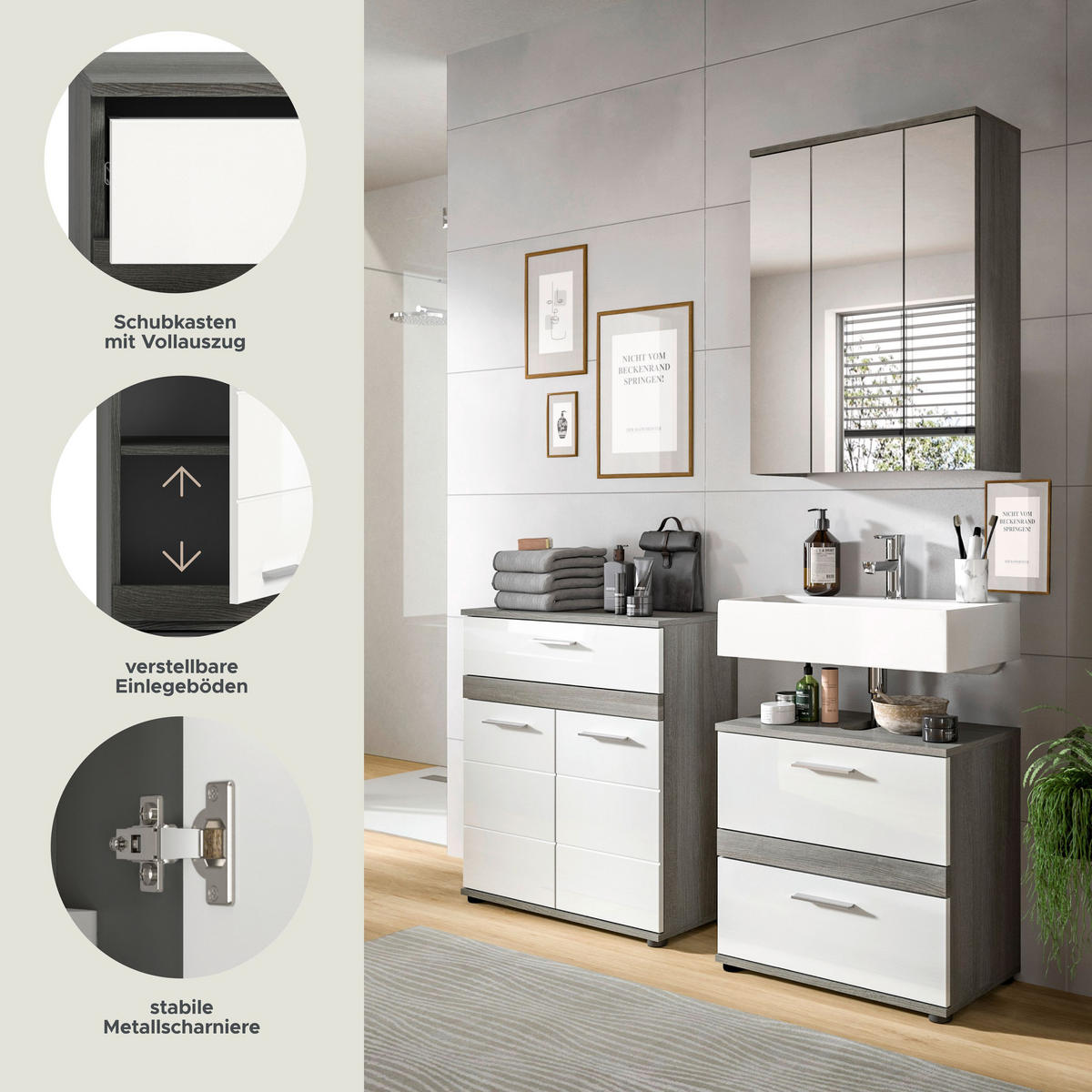 BADKOMBINATION 2tlg. Blake Bad in Rauchsilber Nachbildung und weiß hochglanz B/H/T: 146x191x34 cm - Anthrazit, Holz (146/191/34cm)