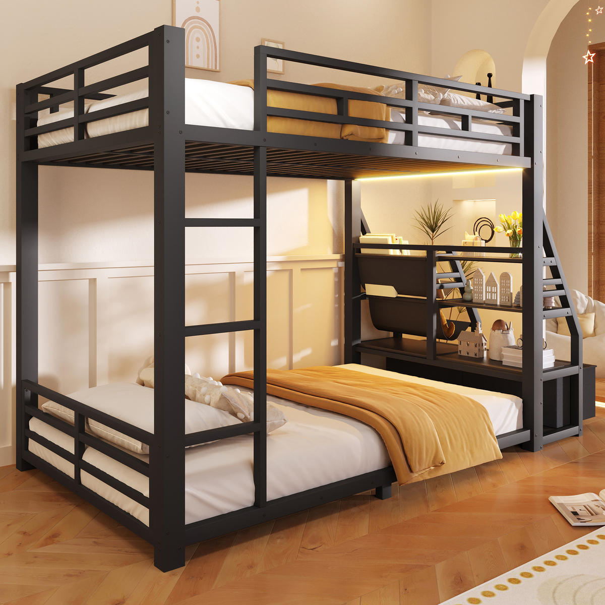 ETAGENBETT 90x200cm mit LED-Beleuchtung, mit 2 Stoffschubladen, Schwarz - Schwarz, Metall (90/200cm) - KOMHTOM