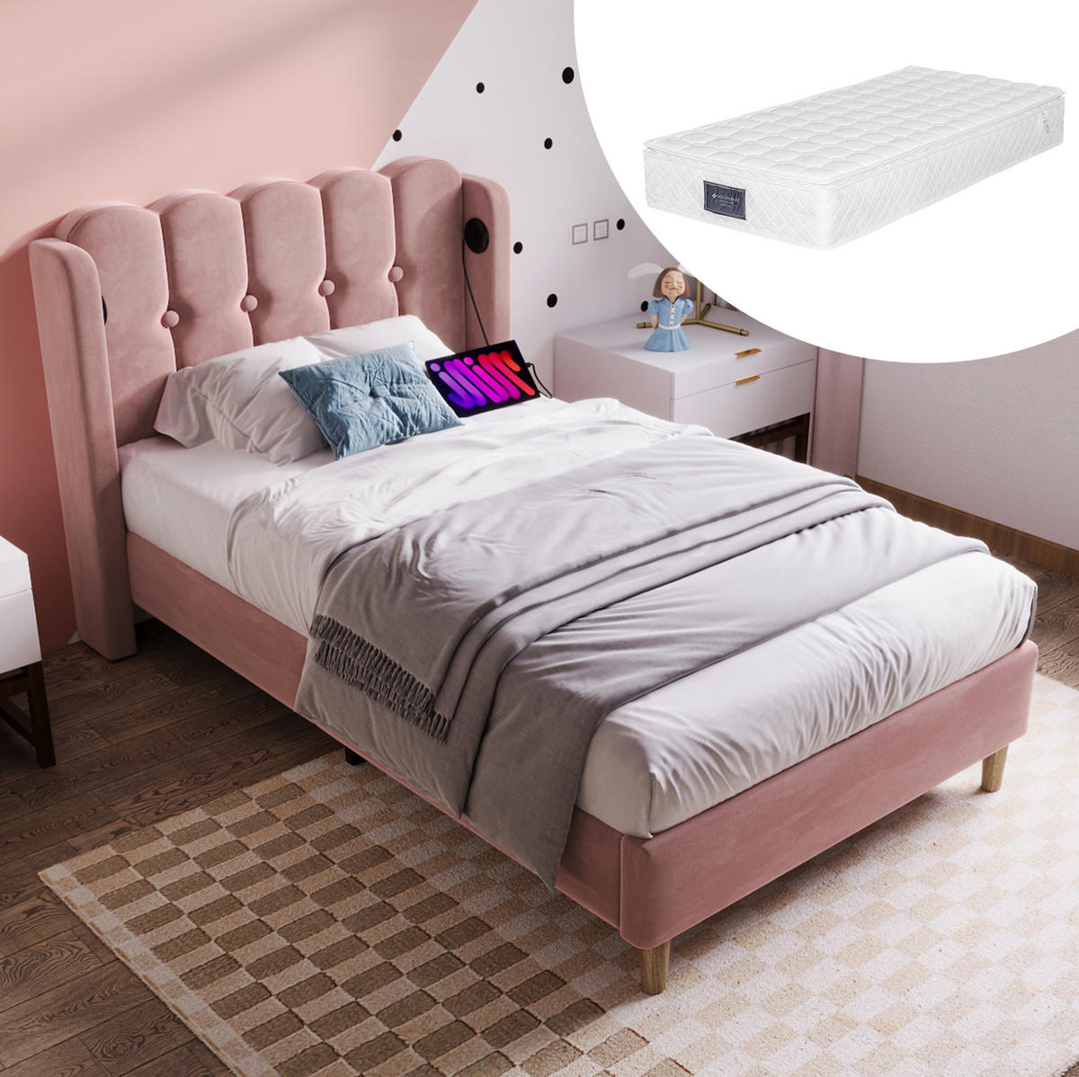 POLSTERBETT mit USB-C-Anschluss 90x200 cm Samt Rosa - Pink, Metall (90/200cm) - Beauniv