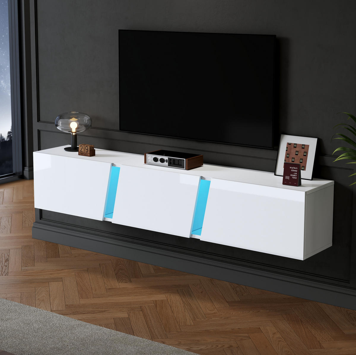 ZIDNI TV ormarić 180/35/30 cm bijeli od iverice s LED rasvjetom i 3 vrata - bijela, drvni materijal (180/30/35cm) - OKWISH