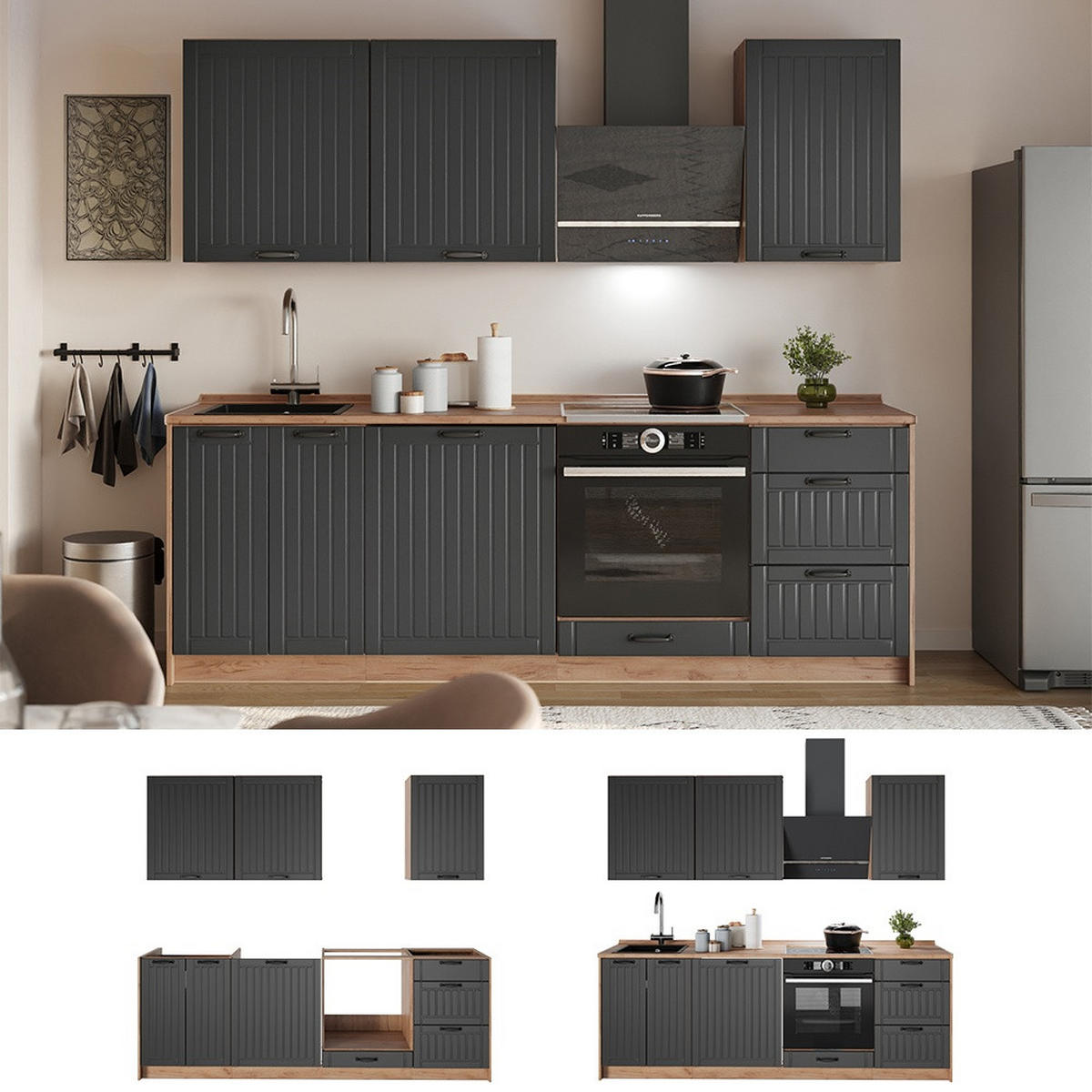 KÜCHENZEILE Fame-Line, Dunkelgrau/Goldkraft Eiche, 230 cm, AP Eiche - Honigeiche/Dunkelgrau, Holzwerkstoff (230/206.8/60cm) - Vicco