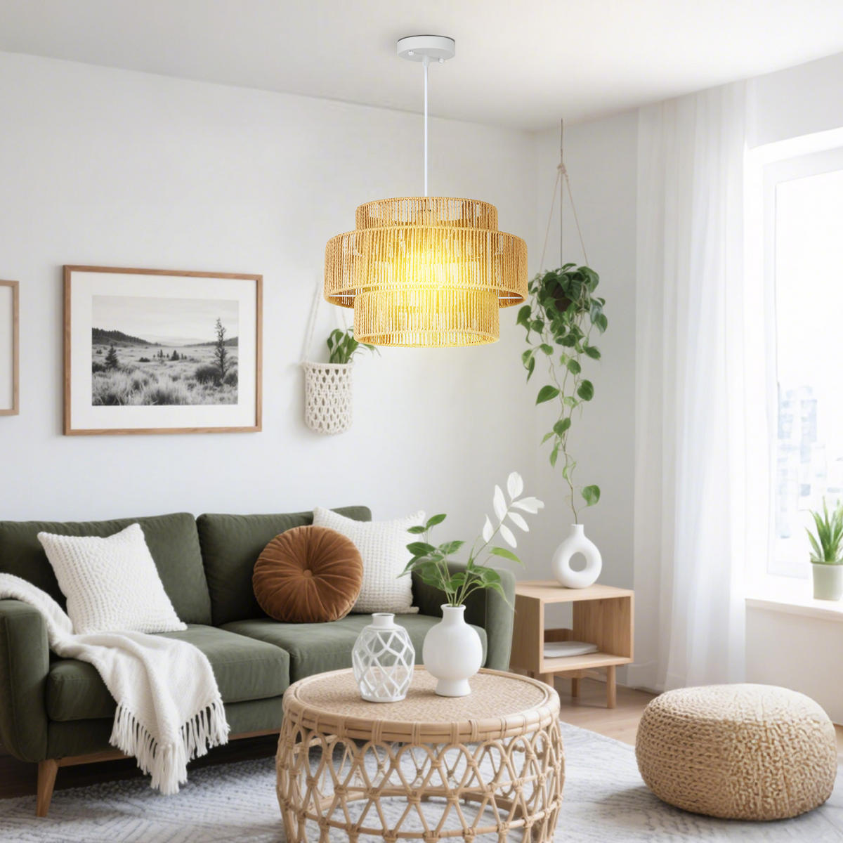 PENDELLEUCHTE Hängelampe mit E27 Fassung, Boho-Stil für Küche Hellbraun - Braun, Metall (40/40/177cm) - HOMCOM