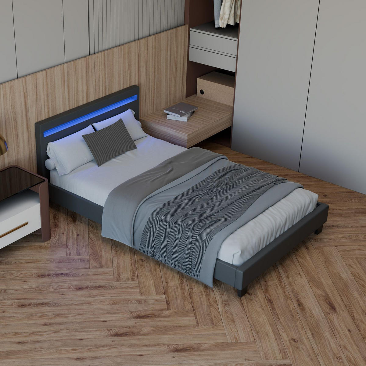 POLSTERBETT Paris mit Matratze und LED dunkelgrau 120x200cm - Grau, Textil (120/200cm) - Juskys