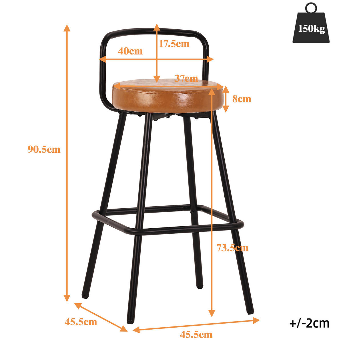 BARHOCKER 2er-Set mit Rückenlehne und Fußstütze PU-Leder Braun - Braun, Metall (37/90.5/37cm) - Meubliv
