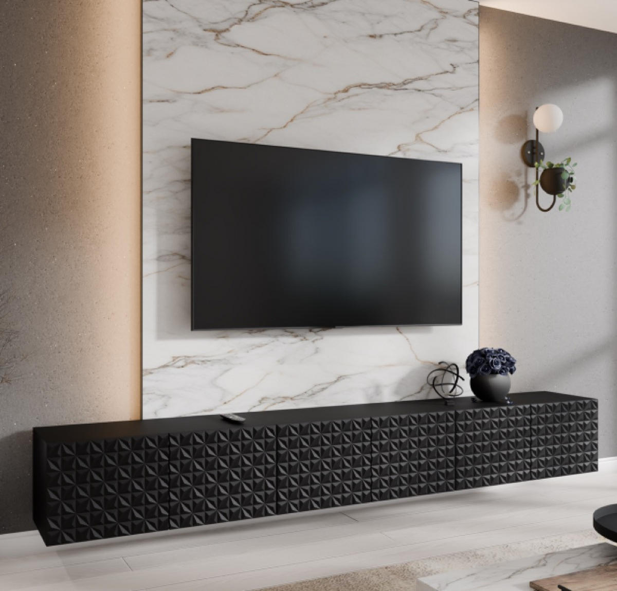 TV-SCHRANK Schwarz ALI Geschlossen Mit Dekorativen Fronten 300 cm - Schwarz, Holzwerkstoff (300/41/40cm) - Sepro Meble