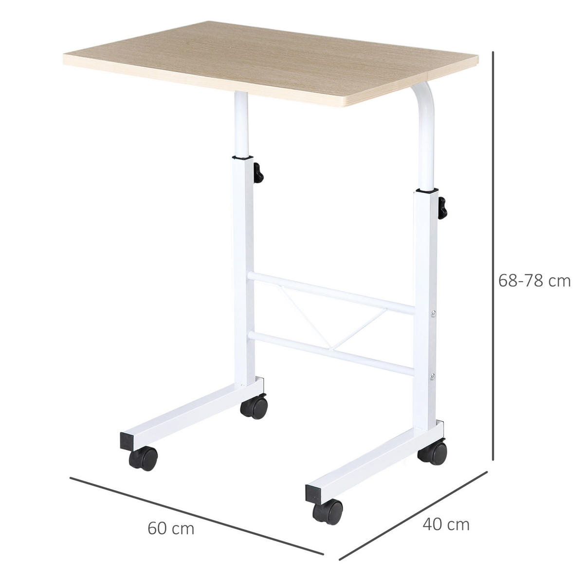 BEISTELLTISCH 40/60/68-78 cm höhenverstellbar mit Rollen und Bremsen, C-Form aus Stahl, Ahorn - Ahornfarben, Metall (60/40/78cm) - Redom