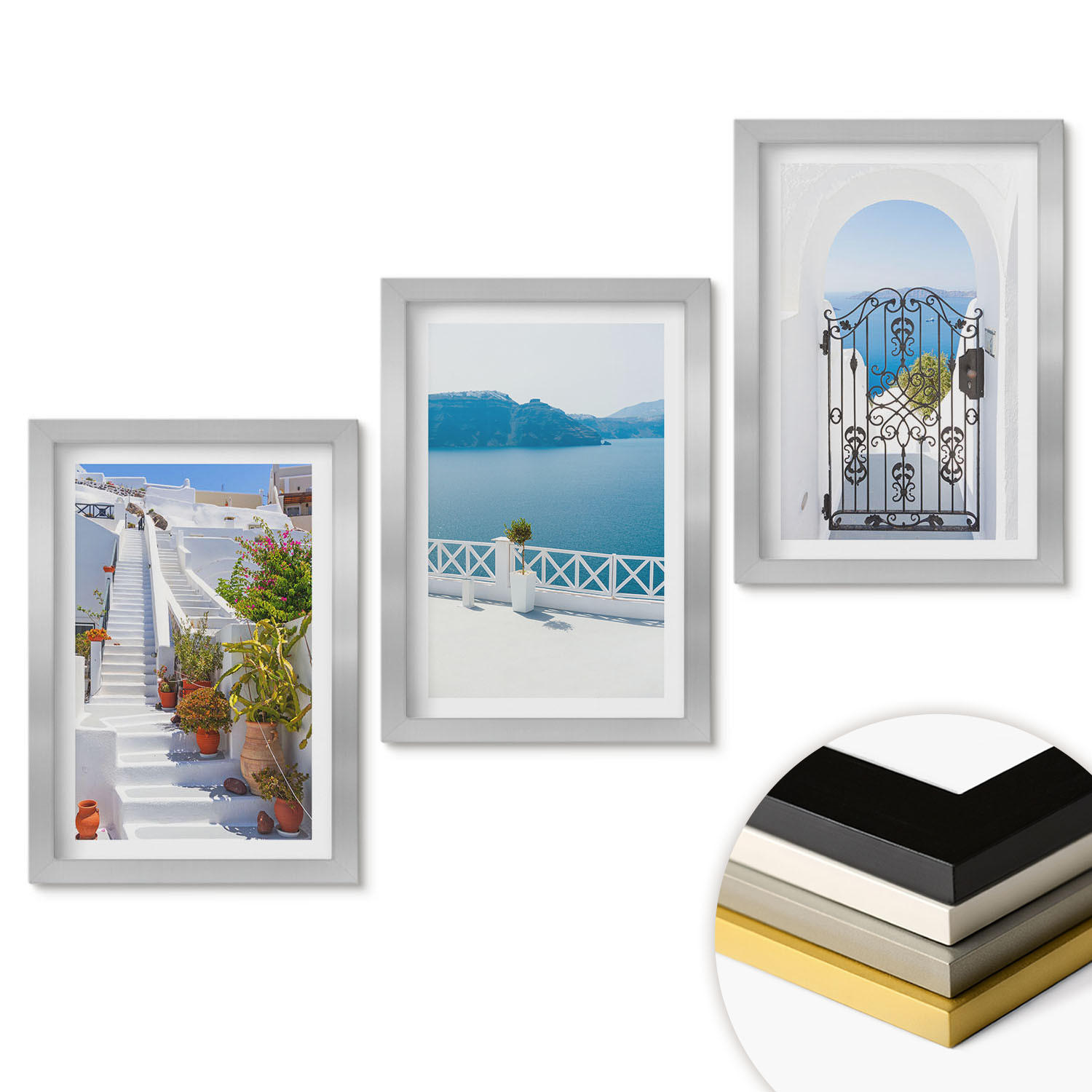 WANDBILDER 3er Set - 20x30 cm Silberner Rahmen - Weiße Treppenpflanzen Seetor - Silberfarben, Kunststoff (20/30cm) - ArtPrintCave