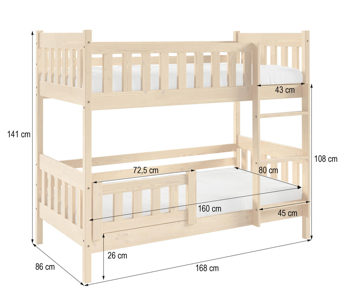 ETAGENBETT LUCIA 80x160 cm Hellgrau - Hellgrau, Holz (80/160cm) - MASSENO