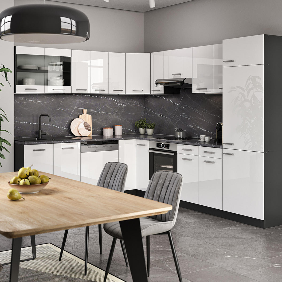 ECKKÜCHE R-Line Weiß Hochglanz/Anthrazit 227 x 287 cm ohne AP - Weiß Hochglanz/Anthrazit, Holzwerkstoff (287/81.6/46cm) - Vicco