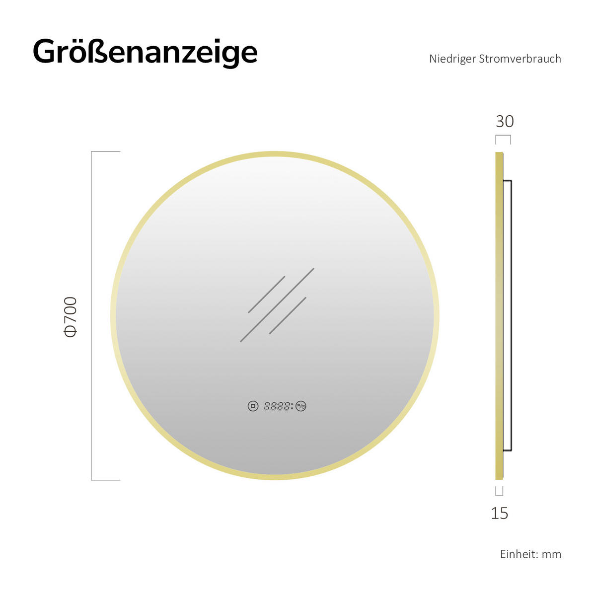 BADSPIEGEL mit LED-Beleuchtung, Anti-Beschlag-Funktion und Uhrzeitanzeige Goldfarben Ø 70 cm - Goldfarben, Glas (70/70/3cm) - EMKE