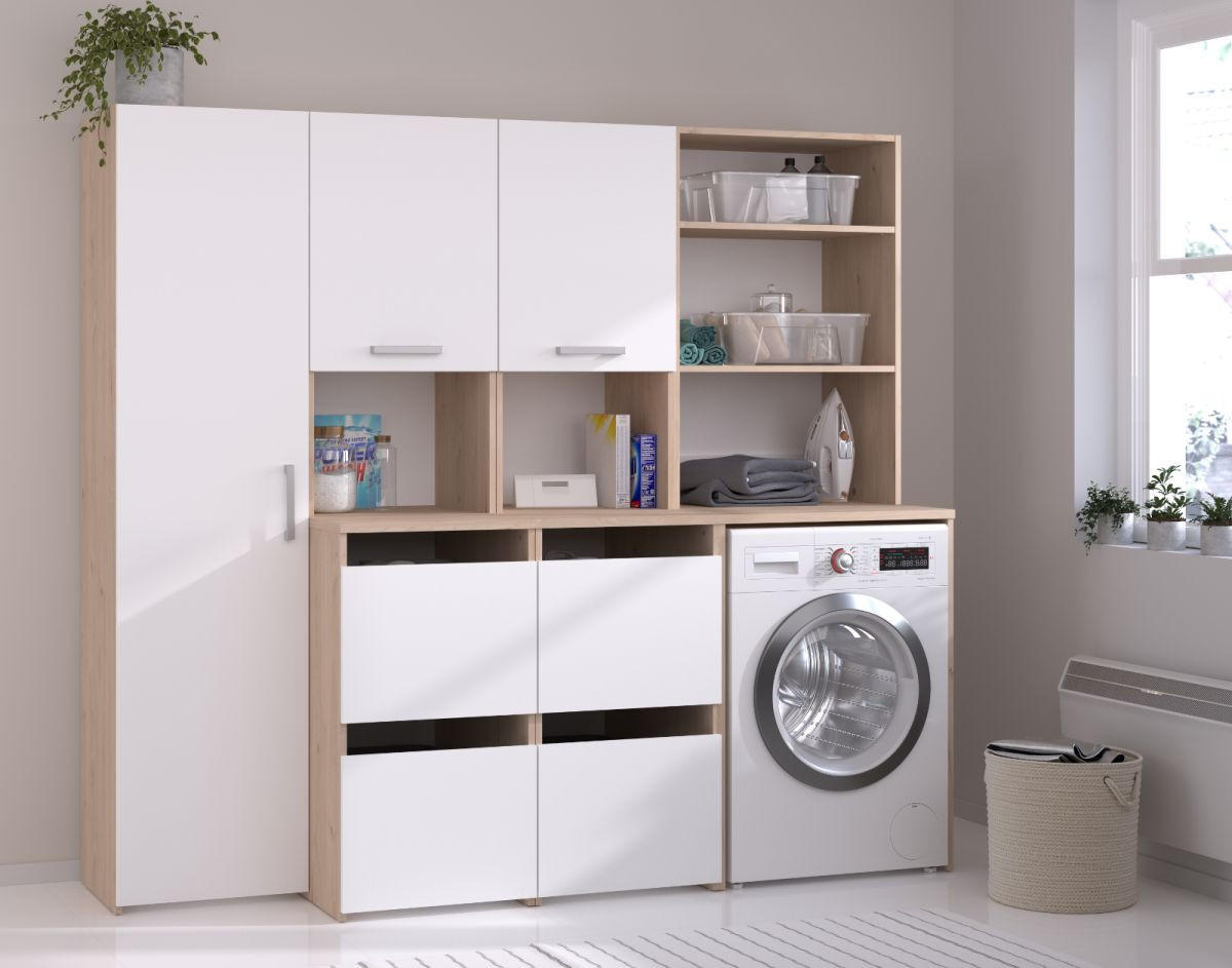 WASCHMASCINENSCHRANK weiß, Eiche Jackson, Umbauschrank Set 3-teilig 204 cm mit viel Stauraum - Eichefarben/Silberfarben, Holzwerkstoff/Kunststoff (204/184/67cm) - Parisot Meuble