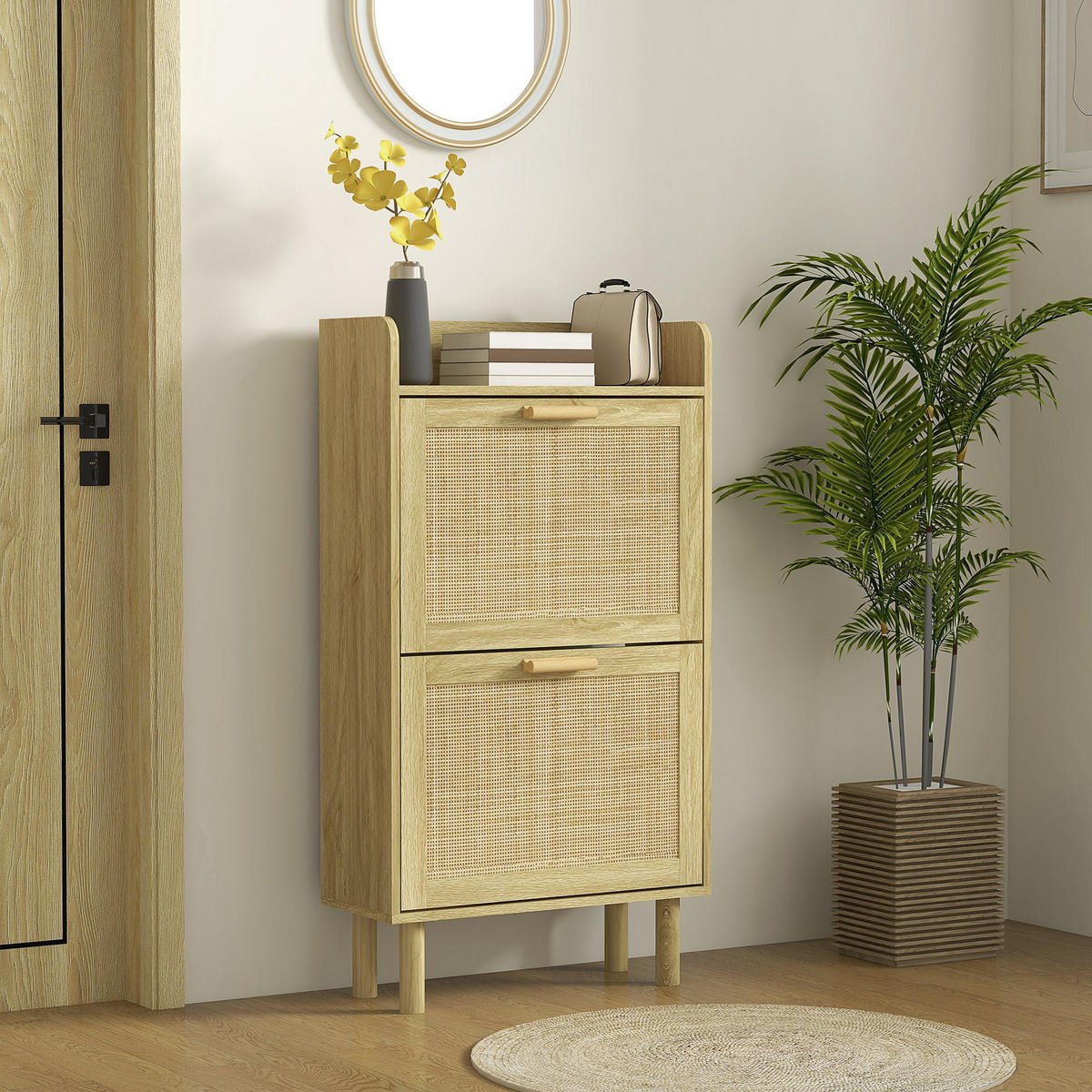 SCHUHSCHRANK DE-15001 2 Klapptüren mit geflochtener Resin-Optik Natur - Eichefarben, Holzwerkstoff (80/110/24.5cm) - ComfortXL