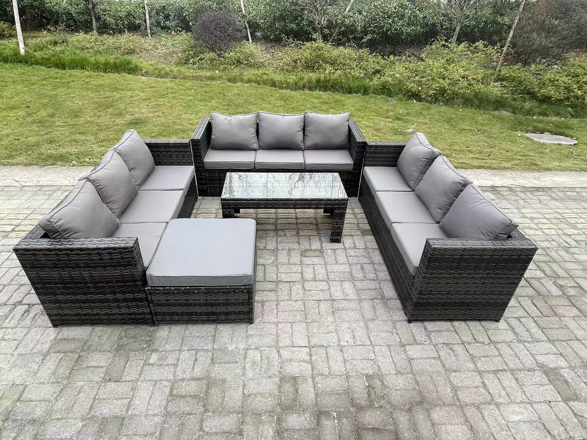 GARTEN SOFA SET Polyrattan 10-Sitzer - Dunkelgrau/Grau, Glas/Kunststoff - Fimous