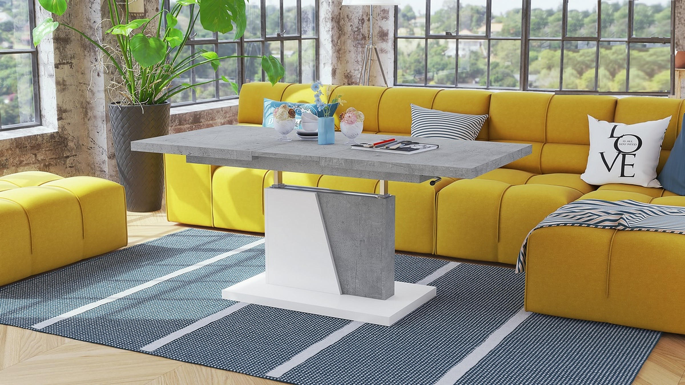 COUCHTISCH rechteckig Beton - Weiß ausziehbar höhenverstellbar - Hellgrau/Weiß, Holzwerkstoff (70/120/60cm) - designimpex