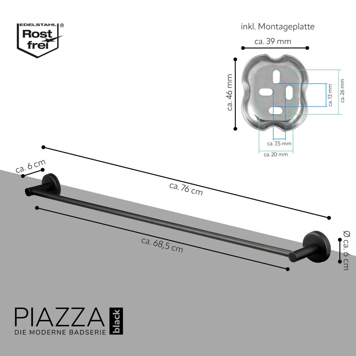 BADETUCHSTANGE PIAZZA BLACK mit Kleber, Edelstahl, schwarz - Schwarz, Metall (76/6/6cm) - bremermann