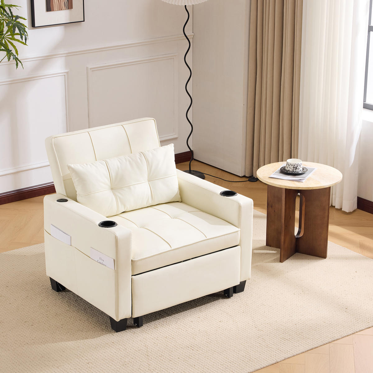 RELAXSESSEL 87/74/84 cm Cremefarben mit Getränkehaltern und USB Anschluss - Weiß, Textil (74/84/87cm) - Oxeza