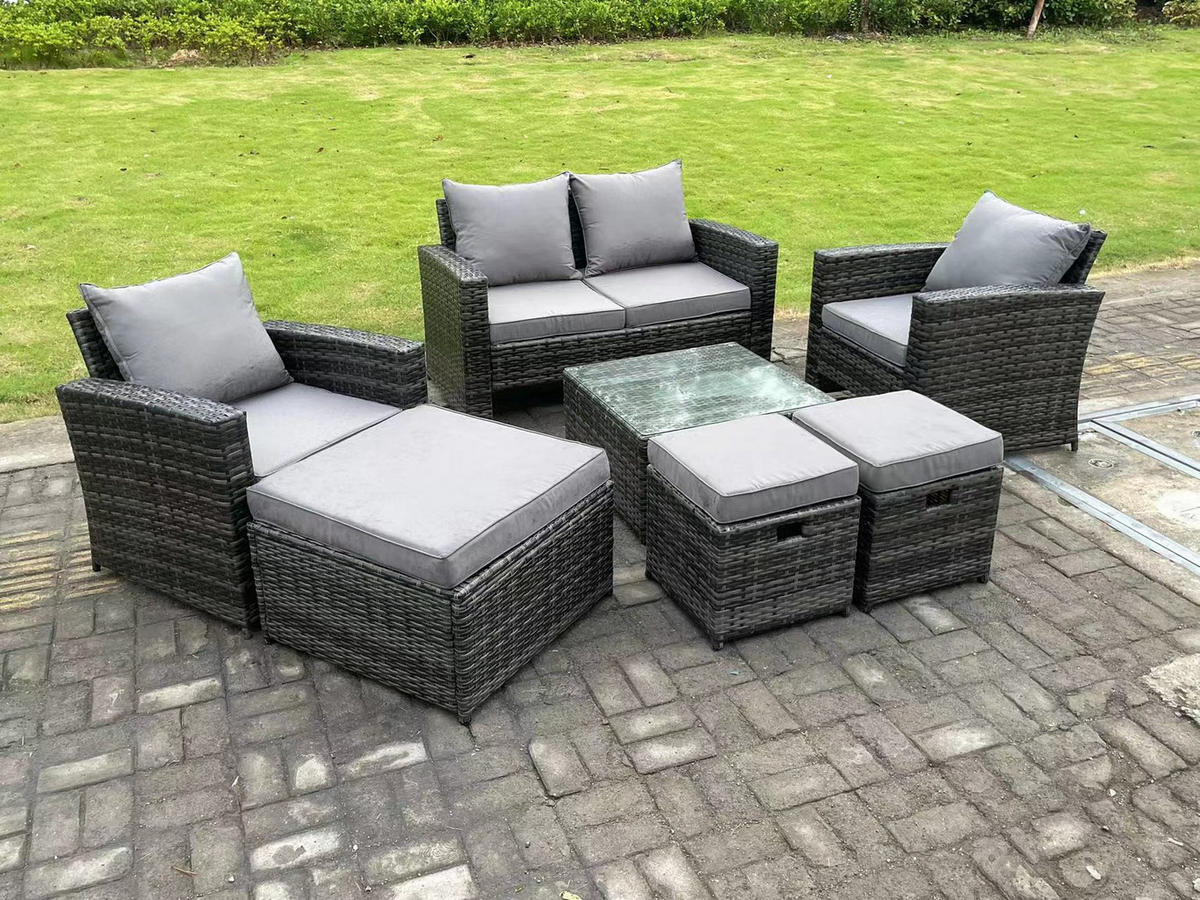 GARTENMÖBELSET mit 3 Hockern Polyrattan Dunkelgrau 7-Sitzer - Dunkelgrau, Metall - Fimous