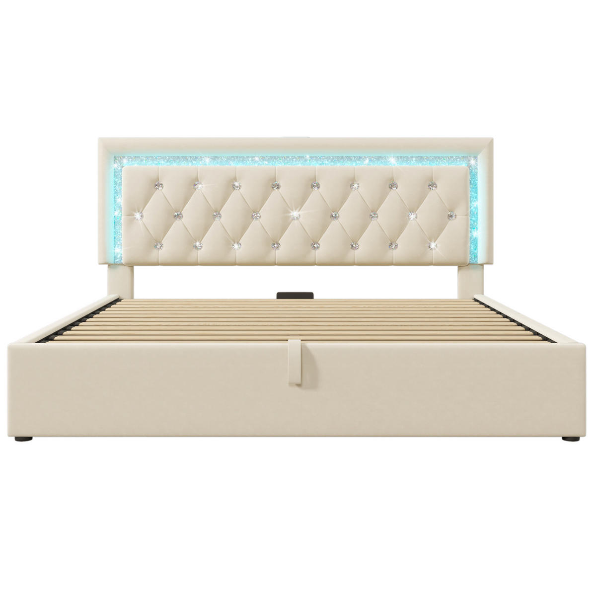 ČALÚNENÁ posteľ z velúru 140x200 cm béžová s LED osvetlením, USB a Type-C nabíjaním, úložným priestorom - béžová, textil (140/200cm) - Modfu