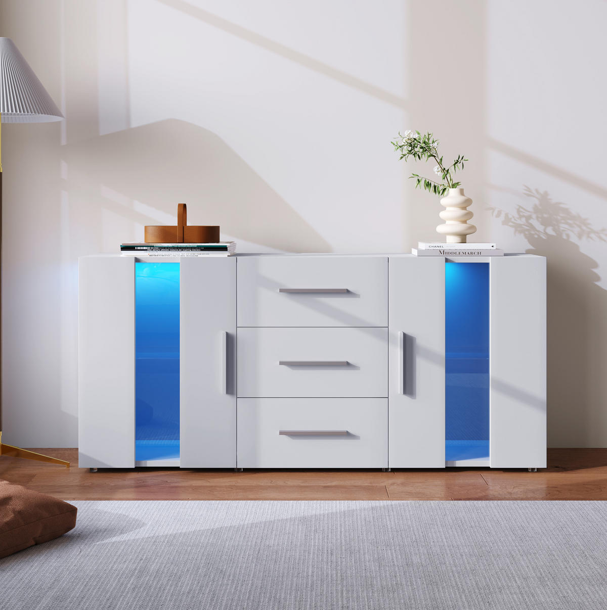 SIDEBOARD 140/35/70 cm weiß MDF mit 16 Farben LED-Leuchten und 3 Schubladen - Weiß, Holzwerkstoff (140/70/35cm) - OKWISH