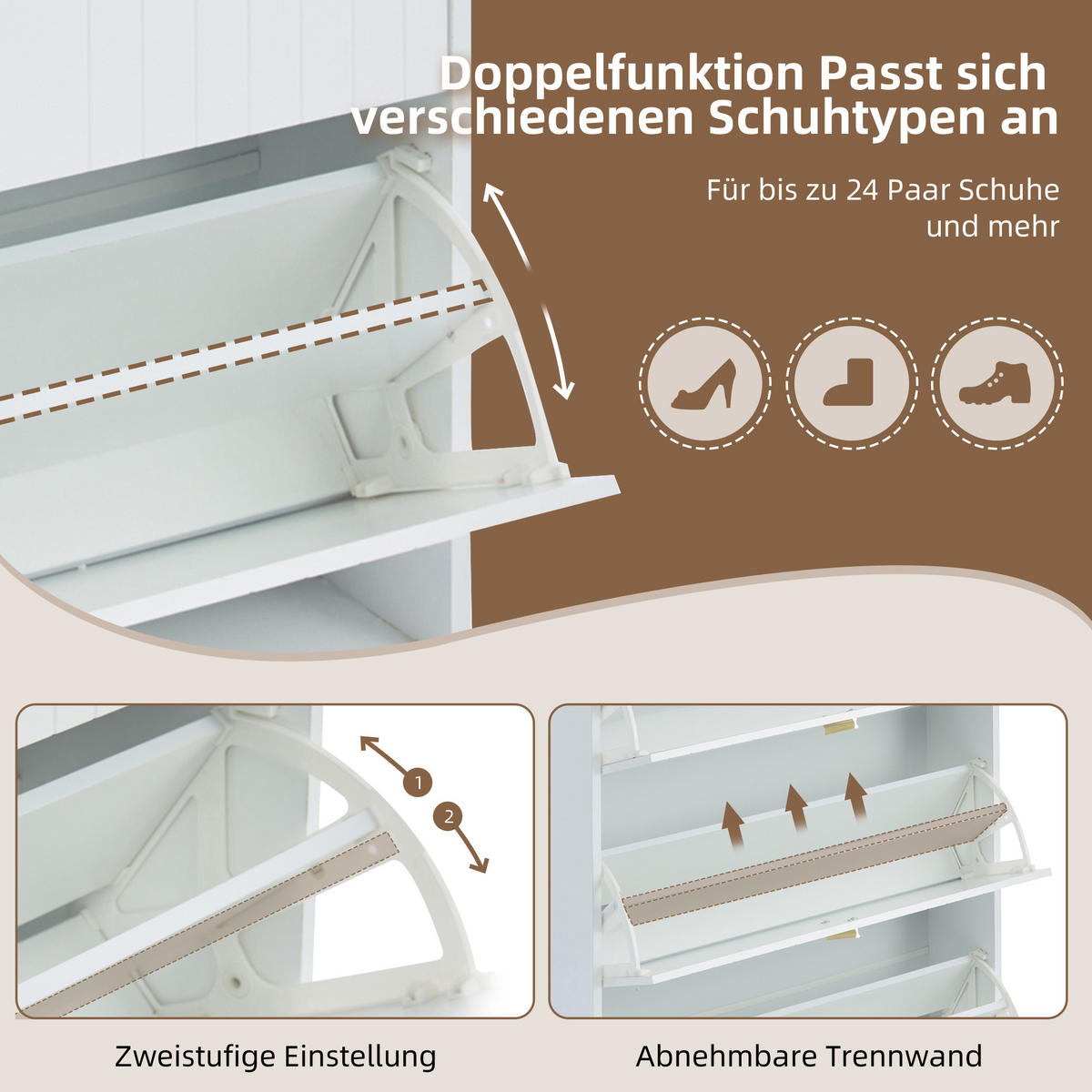 SCHUHSCHRANK Weiß 3 Klappen 6 Fächer 80x23.5x123.5cm schmal - Weiß, Holzwerkstoff (23.5/123.5/80cm) - FLIEKS