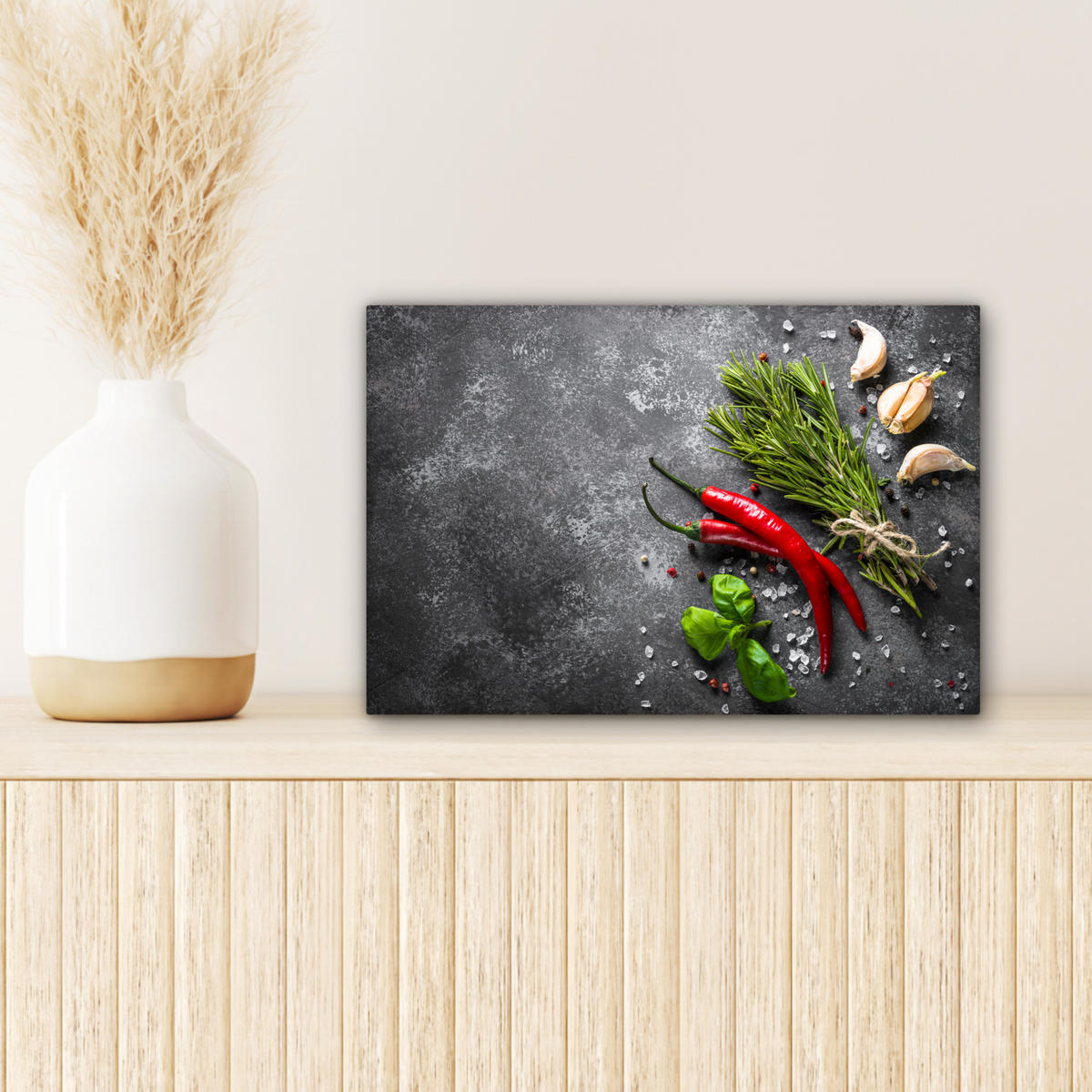 LEINWANDBILD Pfeffer - Kräuter - Gewürze - Beton 30x20 cm - Dunkelgrau, Textil (30/20cm) - MuchoWow