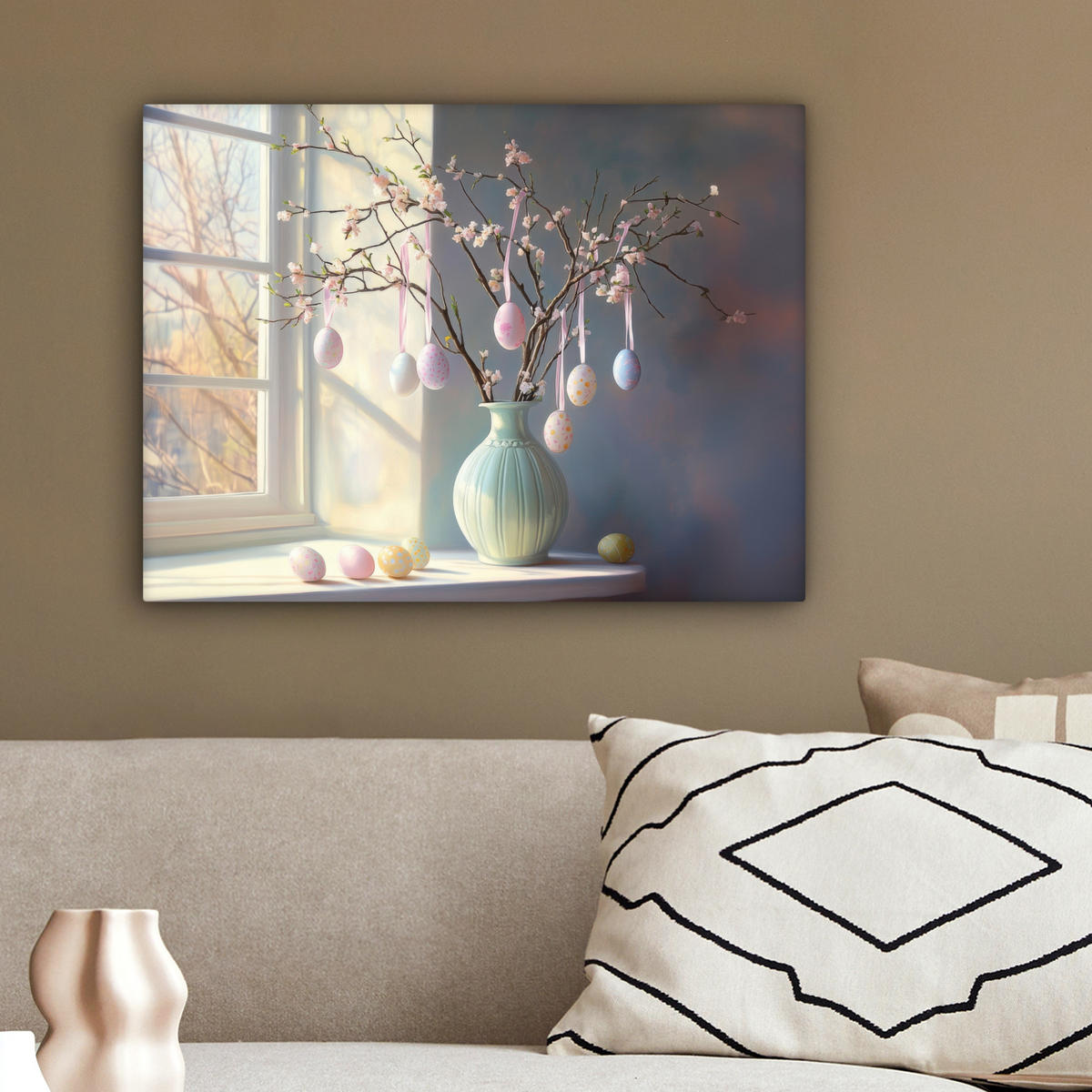 LEINWANDBILD Stillleben - Vase - Osterzweig Wandbild 40x30 cm - Hellblau, Textil (40/30cm) - MuchoWow