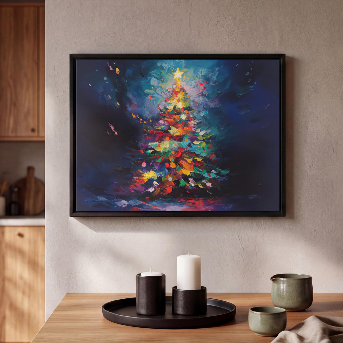 LEINWAND Bilder mit Rahmen - Weihnachtsbaum - Weihnachten - Abstrakt - Farbenfroh - 40x30 - Multicolor, Textil (40/30cm) - MuchoWow