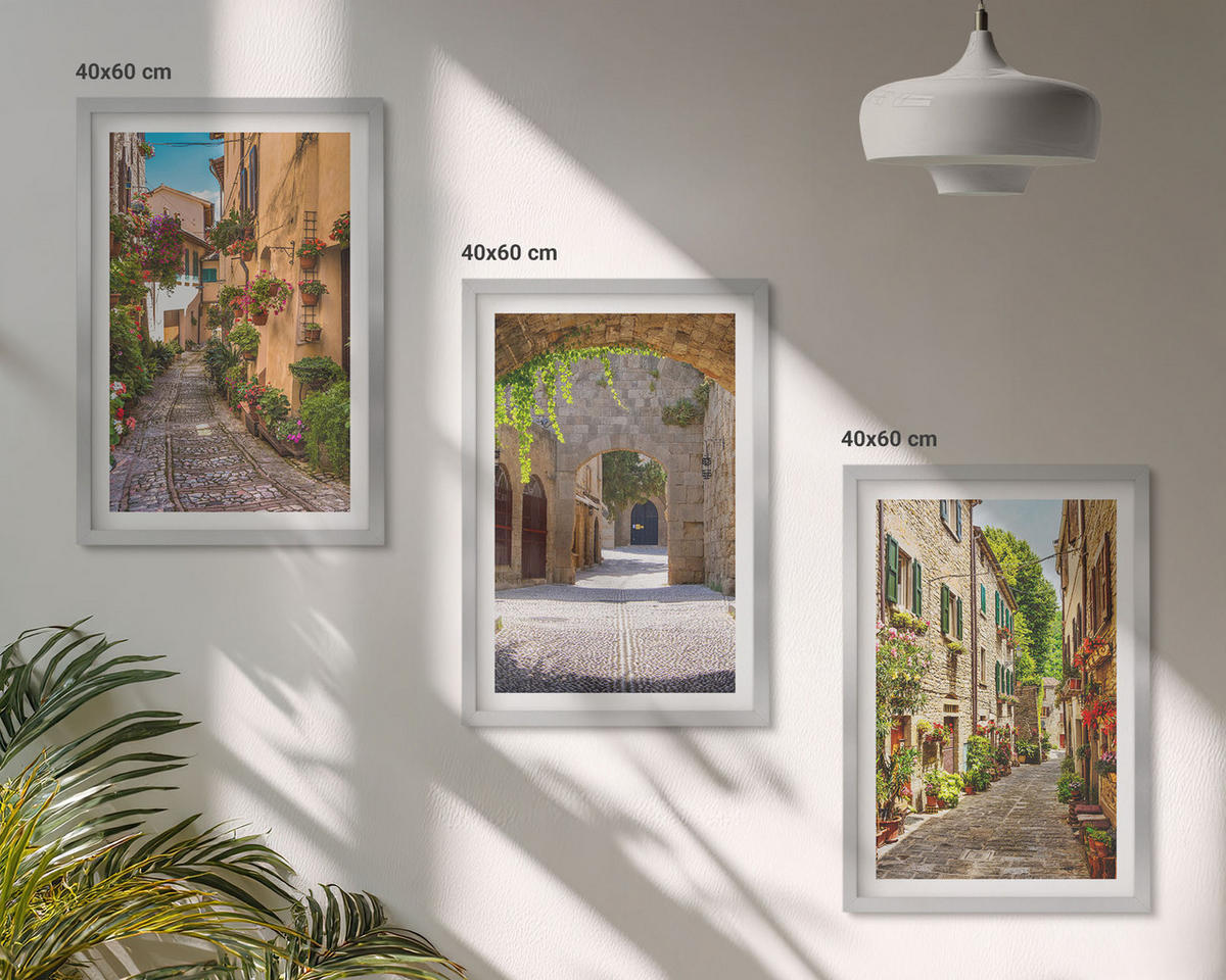 BILDER SET 3er Set - 40x60 cm Silberner Rahmen - Italienische Straßen, Blumen, Architektur - Silberfarben, Kunststoff (40/60cm) - TULUP