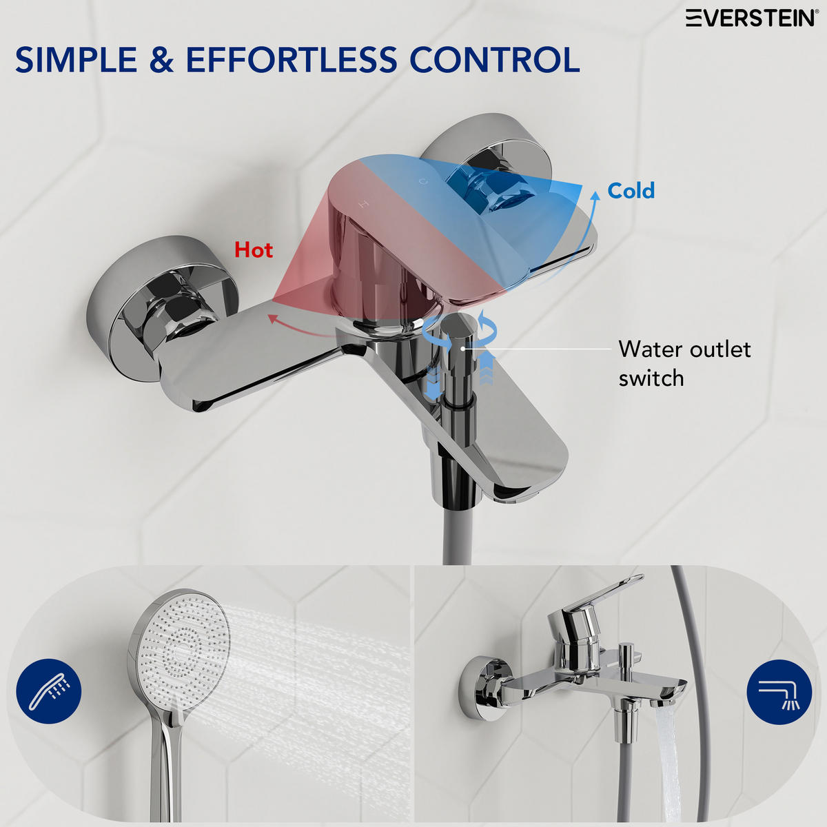 BADEWANNENARMATUR SFS-1278 Chrom, Aufputz-Einhebel aus Messing, Wanneneinlauf, 120-mm-3-Strahl-Handbrause, 150-mm-Stichmaß - Chromfarben, Metall (21/24/6cm) - Everstein