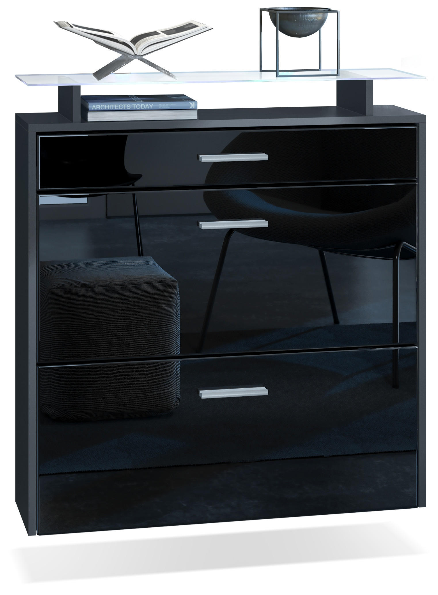 SCHUHSCHRANK Malea Fronten in Schwarz Hochglanz - Schwarz Hochglanz, Holzwerkstoff (89/96/23cm) - Vladon