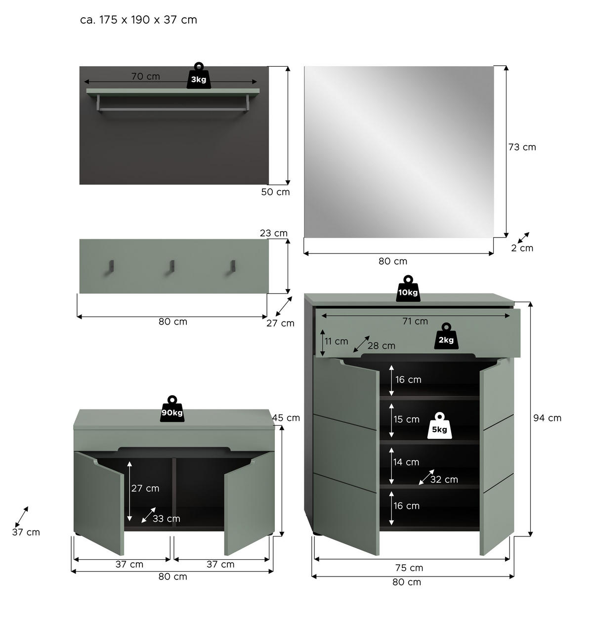 GARDEROBE Nova (B/H/T: ca. 175/190/37 cm) 5 tlg. in Basalt grau/Smoke Green - Grau, Holzwerkstoff (175/190/37cm)