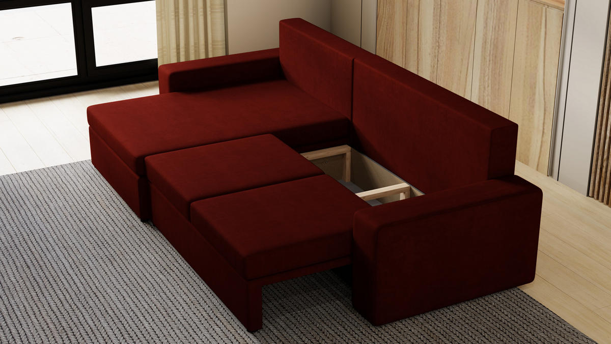 ECKSOFA Paco mit Bettkasten und Schlaffunktion, L-Form/XL-Form, Velourstoff, Universal - Weinrot, Holzwerkstoff (276/145cm) - 4ALL HOME