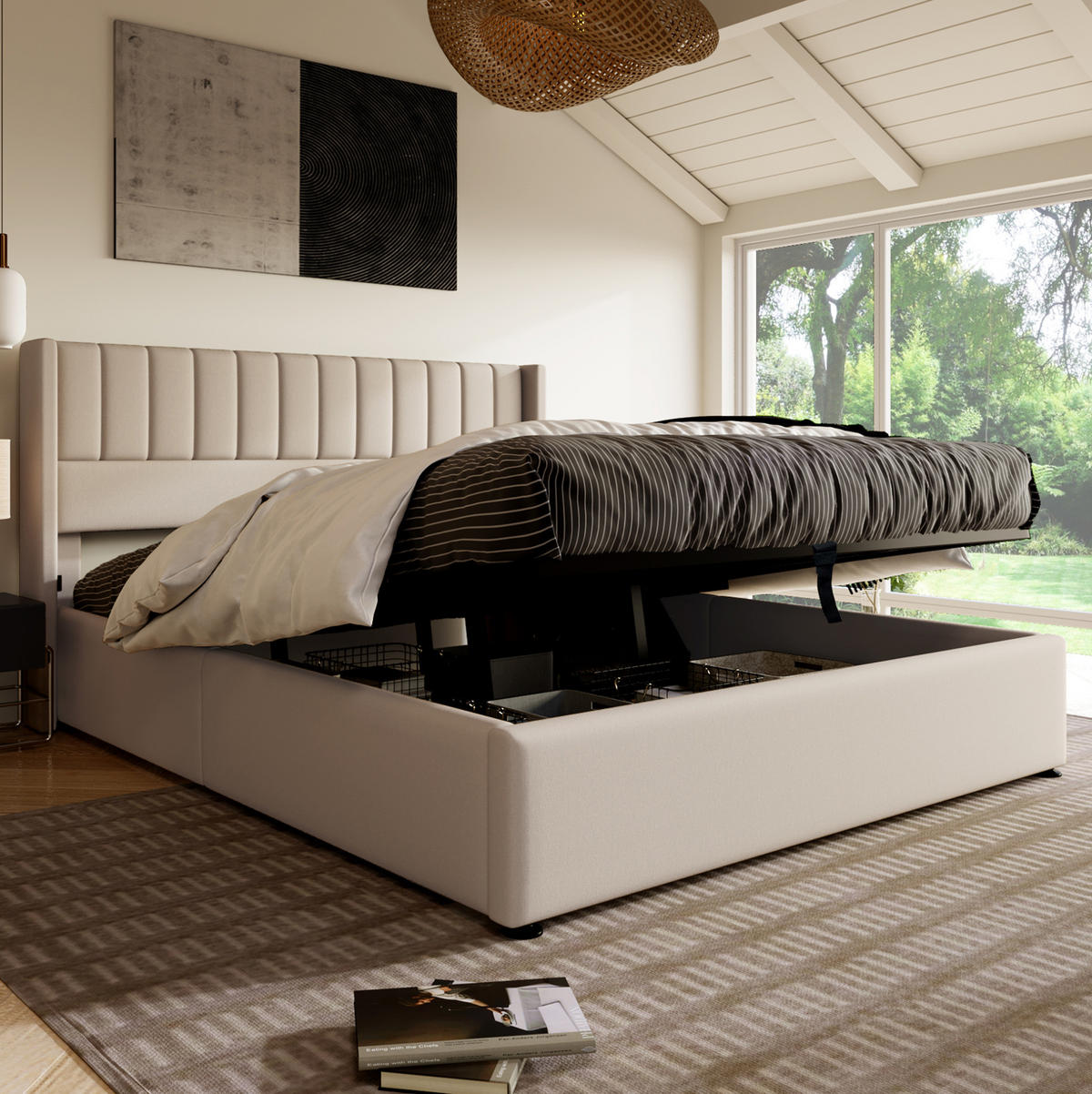 POLSTERBETT 160/200 cm Beige aus Leinen mit Bettkasten - Beige, Textil (160/200cm) - OKMYHOME